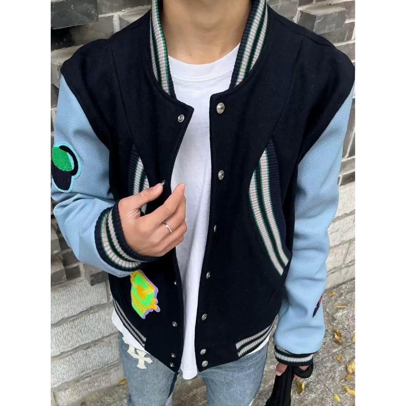 Geacă baseball patchwork în stil american, broderie, casual, pentru bărbați, streetwear