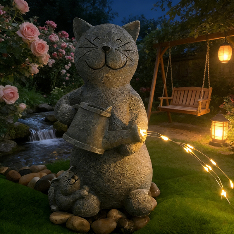 Solarna mačja statua sa solarnom lampom za vanjski vrt, smola, stil francuskog seoskog doma