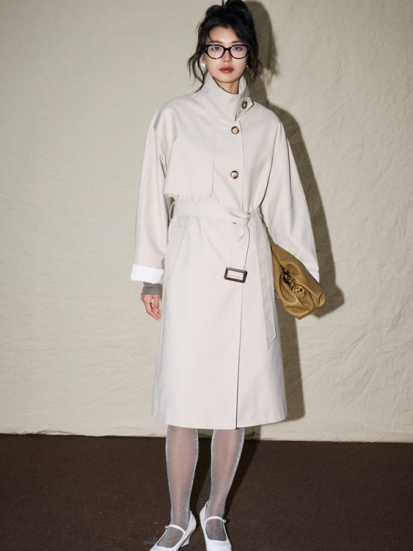 Palton de femei tip trench, oversize, cu guler înalt, lungime medie, stil coreean casual