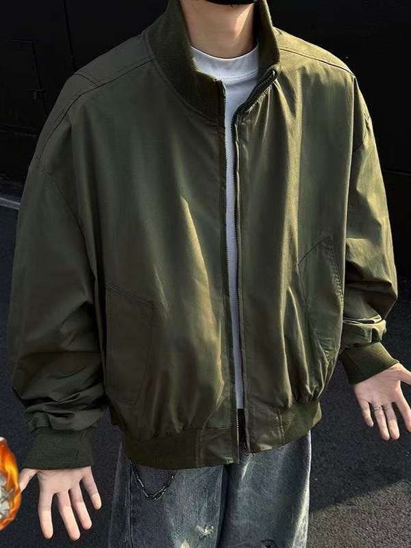 Zelena muška bomber jakna zima, američki stil, kratka, sa zipom, širokog kroja, poliesterska mješavina