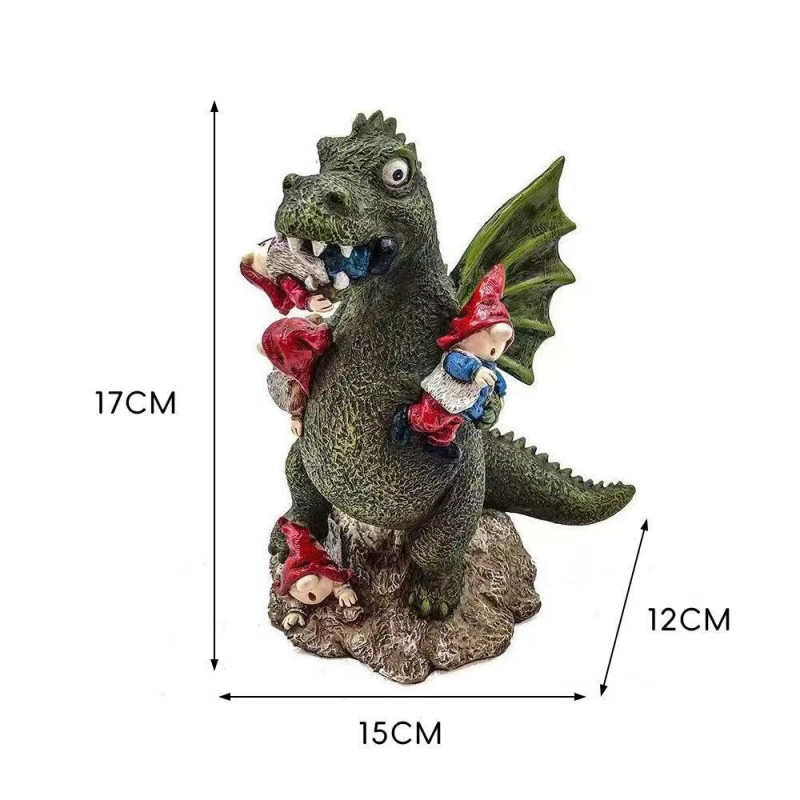 Figurica od smole: krilati dinosaur koji jede gnoma, ukras za vrt, ručno izrađena figura