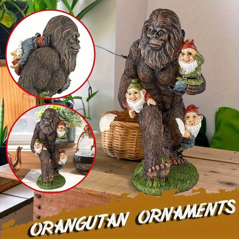 Statueta od smole: Fantastična šumska scena s Bigfootom i razigranim gnomima, s krznenim lišćem, za dvorište