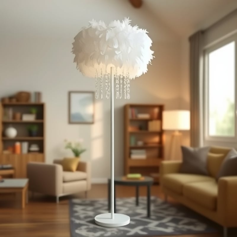 Podna lampa s perjem, francuskog stila, sjenilo od perja i kristalne niti, za dnevni boravak