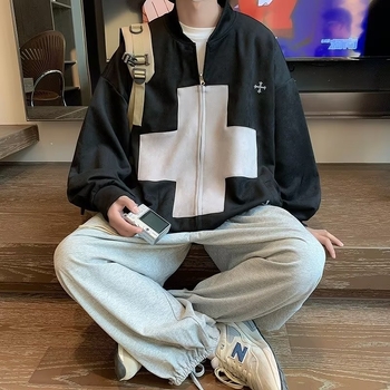 Férfi hímzett cipzáros kardigán, lazán szabott, téli streetwear, casual