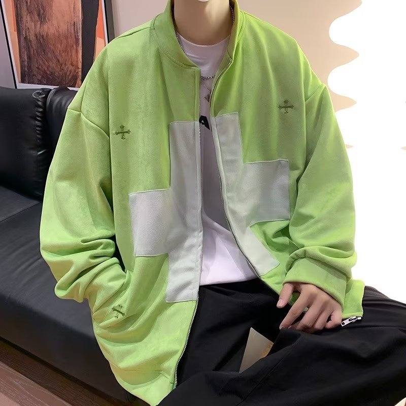 Férfi hímzett cipzáros kardigán, lazán szabott, téli streetwear, casual