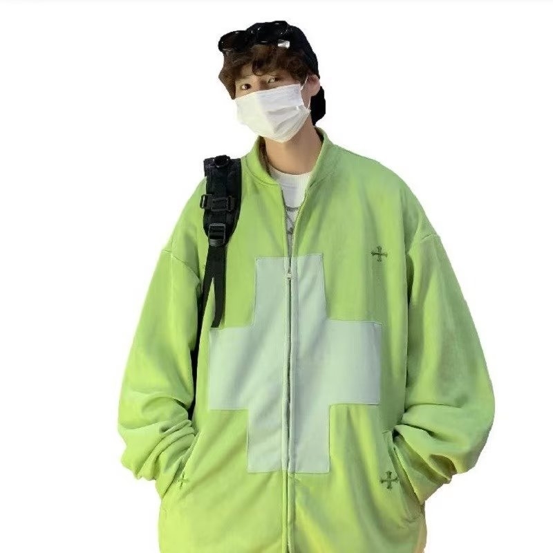 Férfi hímzett cipzáros kardigán, lazán szabott, téli streetwear, casual