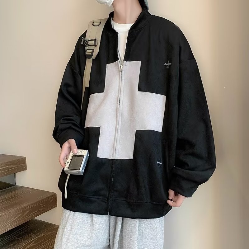 Férfi hímzett cipzáros kardigán, lazán szabott, téli streetwear, casual