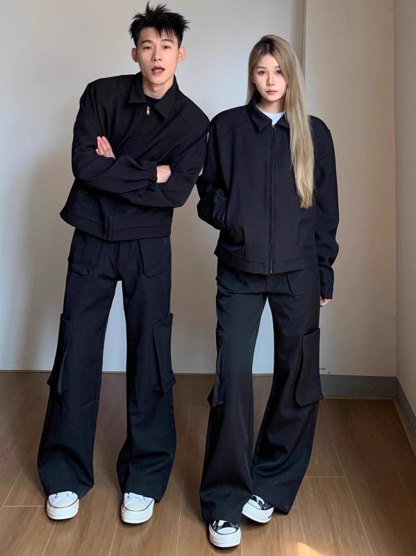 Cleanfit Crna kratka muška jakna – proljeće/jesen, hip-hop stil, rever s kopčanjem, zatvarač, umetak za ramena, casual bejzbol jakna