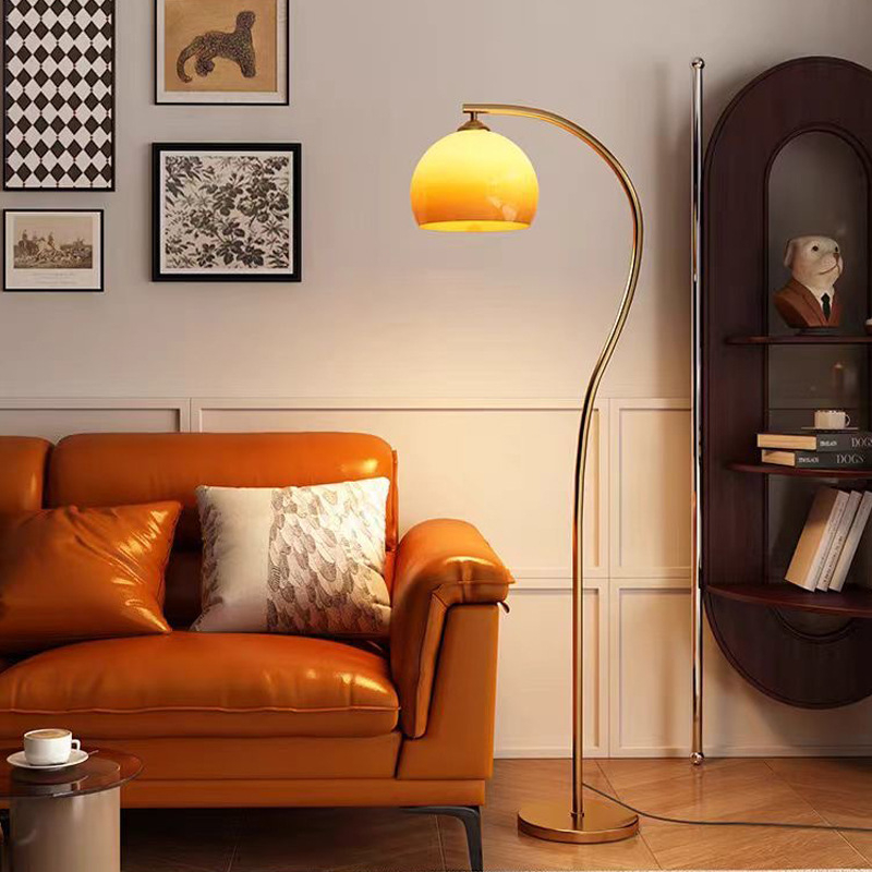 Vintage podna lampa od stakla u boji zalaska sunca žuta, S-oblik, luksuzan moderni minimalistički stil, za dnevni boravak ili spavaću sobu