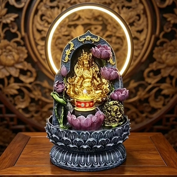 Buda kip tibetanskog stila, Žuti bog bogatstva, dekor s kružnim protokom vode i LED prsten za dnevni boravak ili hodnik