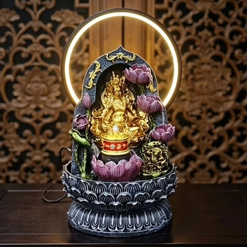 Buda kip tibetanskog stila, Žuti bog bogatstva, dekor s kružnim protokom vode i LED prsten za dnevni boravak ili hodnik