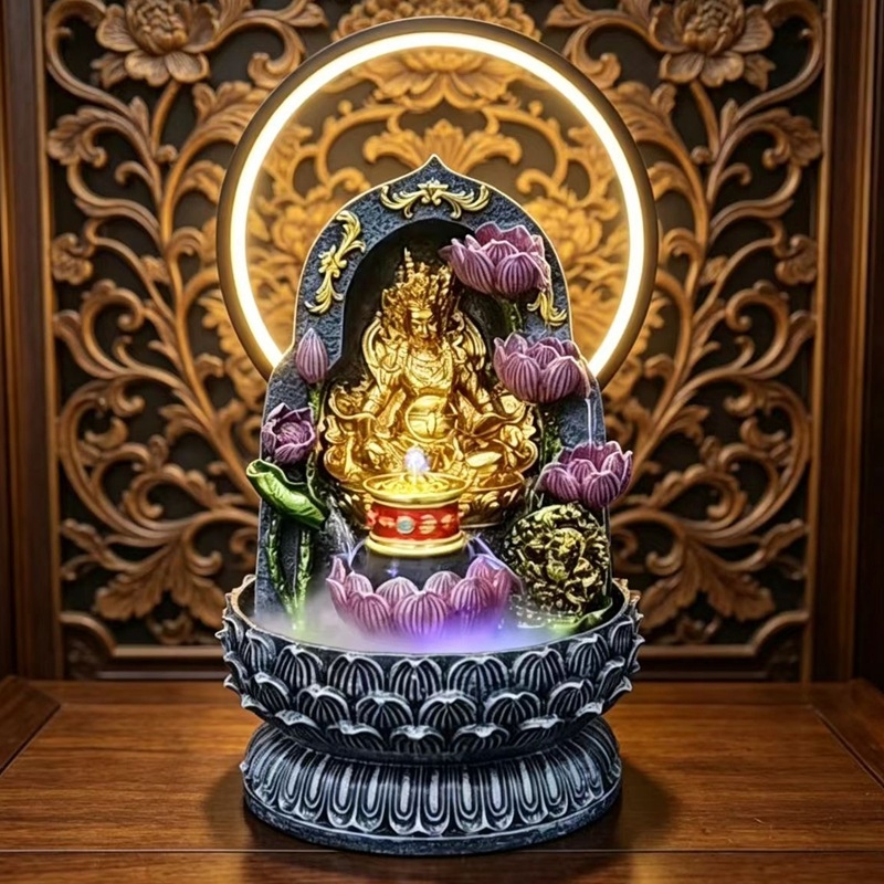 Buda kip tibetanskog stila, Žuti bog bogatstva, dekor s kružnim protokom vode i LED prsten za dnevni boravak ili hodnik