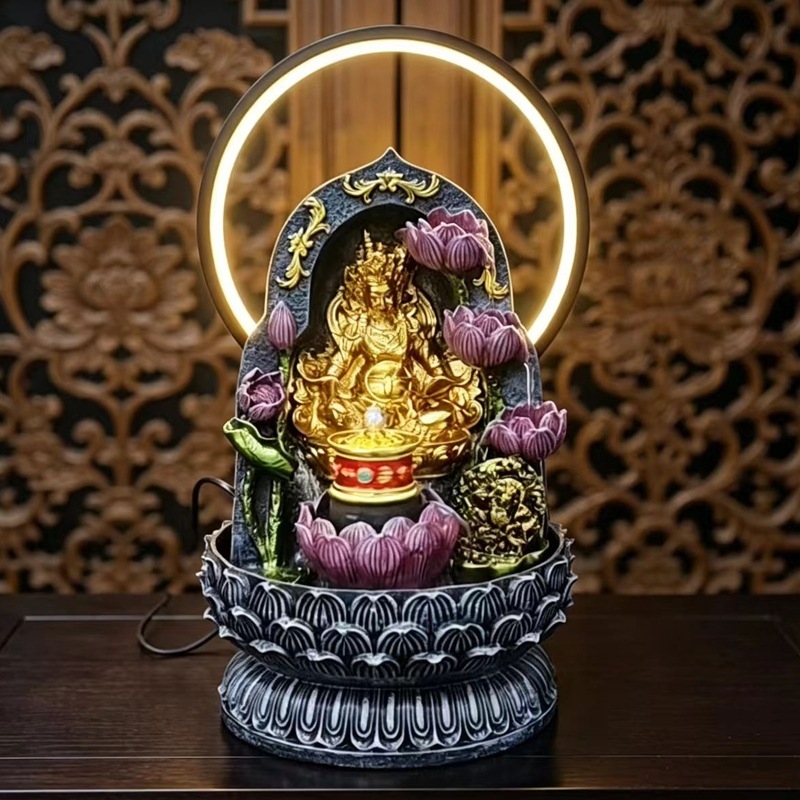 Buda kip tibetanskog stila, Žuti bog bogatstva, dekor s kružnim protokom vode i LED prsten za dnevni boravak ili hodnik