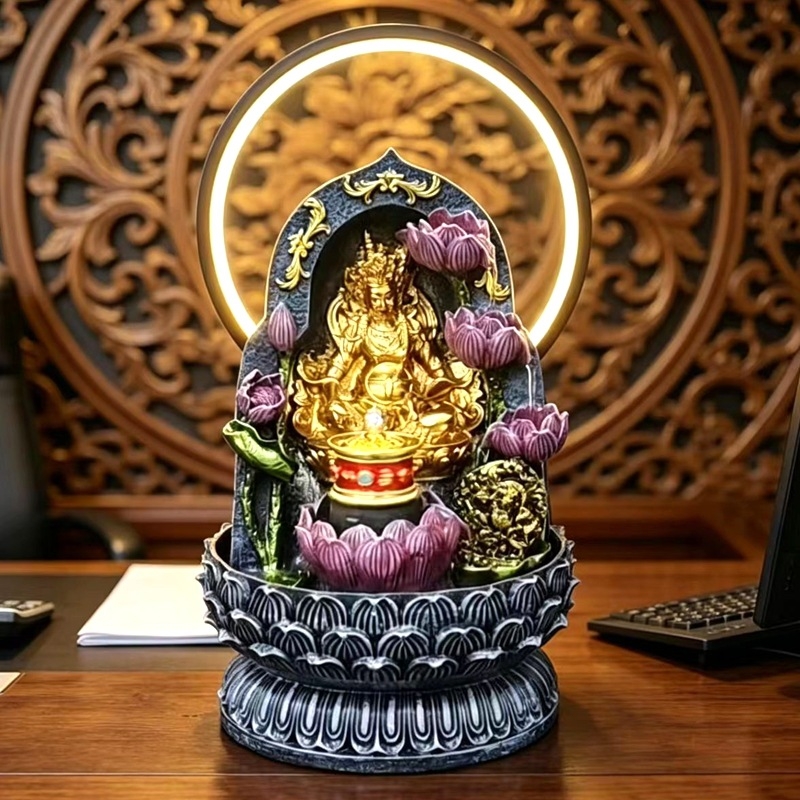 Buda kip tibetanskog stila, Žuti bog bogatstva, dekor s kružnim protokom vode i LED prsten za dnevni boravak ili hodnik