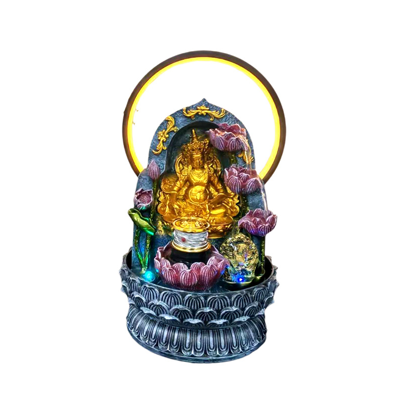 Buda kip tibetanskog stila, Žuti bog bogatstva, dekor s kružnim protokom vode i LED prsten za dnevni boravak ili hodnik