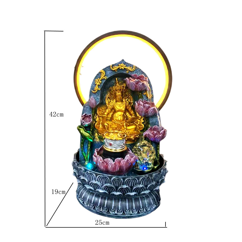 Buda kip tibetanskog stila, Žuti bog bogatstva, dekor s kružnim protokom vode i LED prsten za dnevni boravak ili hodnik