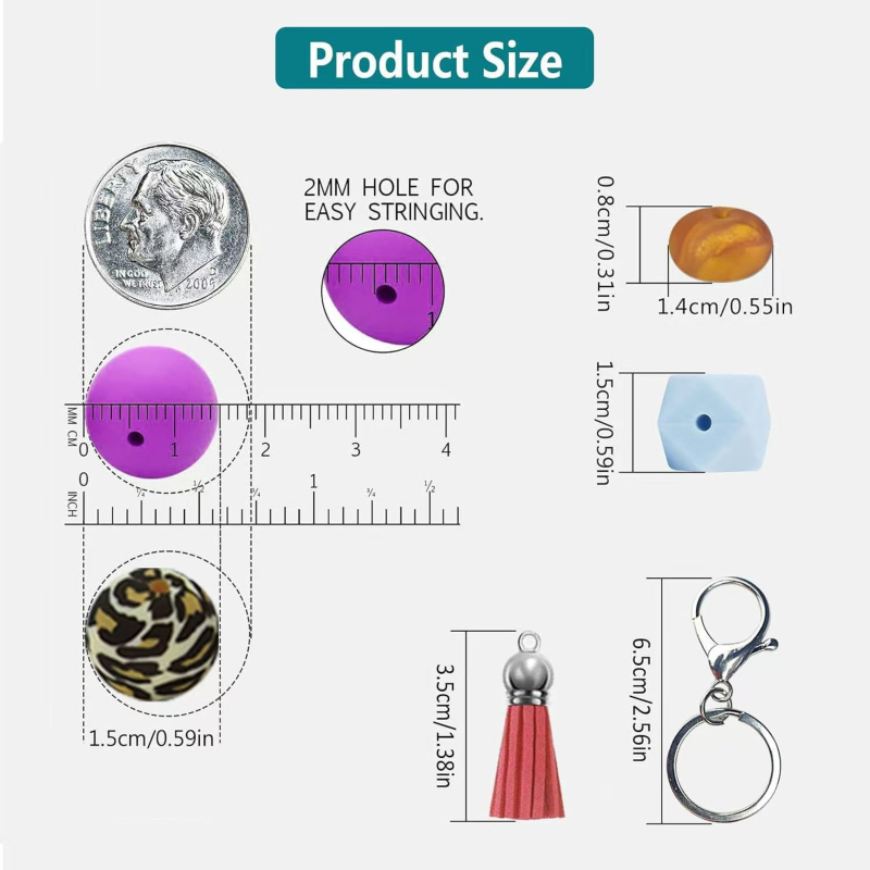 DIY komplet za izradu privjesaka za ključeve, 115 komada šarenih silikonskih perlica promjera 15 mm
