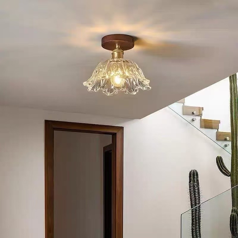 Tavan LED svjetiljka od orahovog drveta sa staklenim abažurom – moderni minimalistički dizajn kineskog stila za hodnik, foyer, balkon, kuhinju i kupaonu