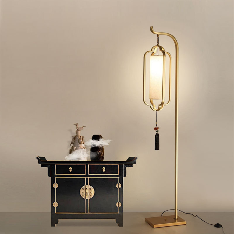 Nova kineska stil podna lampa s željeznim tijelom, LED, tkaninsko sjenilo, podesiva visina