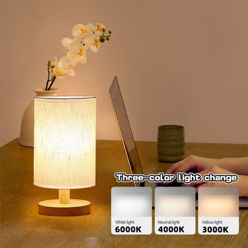 USB napájaná stolová lampa z masívneho dreva s textilným poťahom, vhodná do spálne, na nočný stolík, študovňu a internát; prispôsobiteľná LED nočná lampa