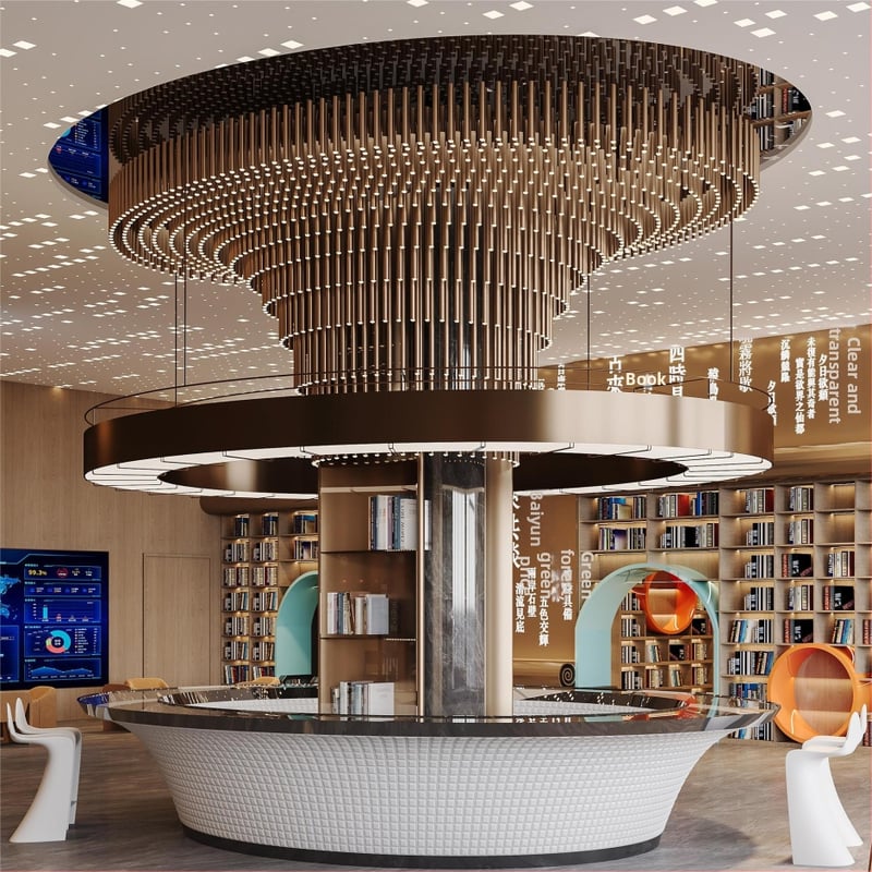 Vlastný osvetľovací projekt pre hotelové foyer - železný luster s LED, moderný minimalistický štýl, vhodný pre banketovú sálu a knižnicu