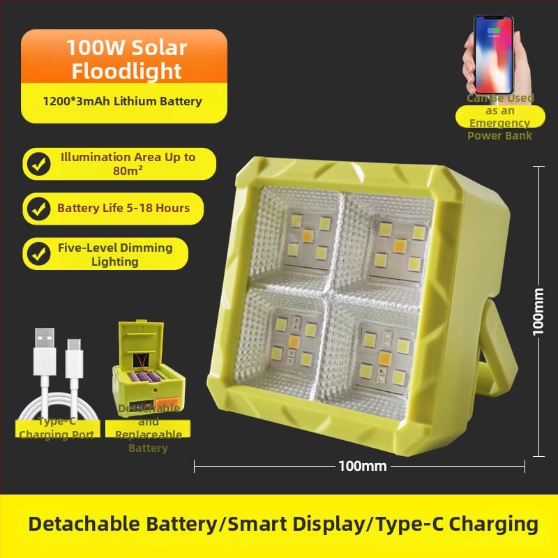 LED mini reflektor, solarno napajanje, USB punjenje – prijenosno svjetlo za kampiranje i nužnu uporabu