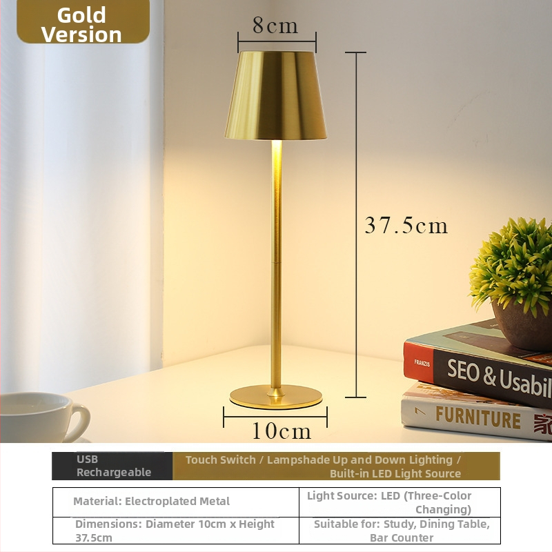 Zlatá kovová nočná lampa na jedálenský stôl – dekoratívne osvetlenie pre atmosféru, nabíjateľné