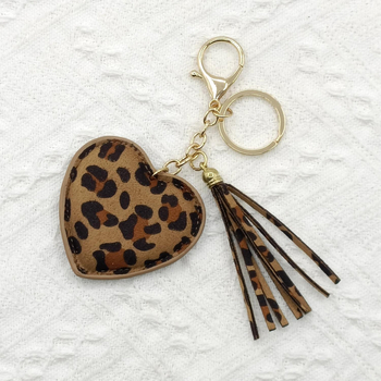 Privjesak za torbu od umjetne kože s leopard uzorkom, srcolik resica i ključni krug.