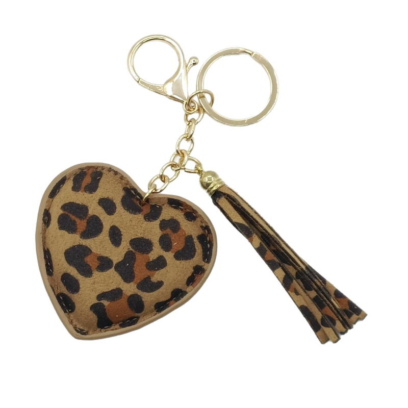 Privjesak za torbu od umjetne kože s leopard uzorkom, srcolik resica i ključni krug.