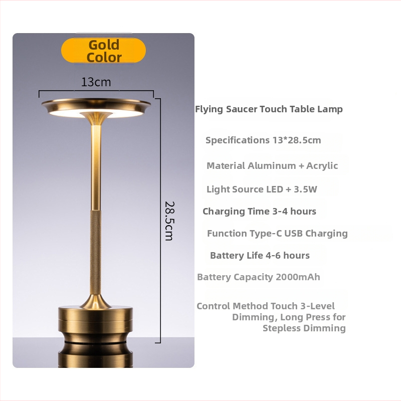 Syg td03bj-001 Kovová LED stolná lampa s dotykovým ovládaním, trojfarebné nastaviteľné ambientné osvetlenie, vstavaná batéria, USB nabíjateľná nočná lampička