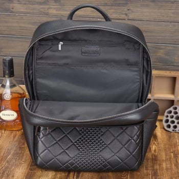 Muški poslovni ruksak od prave kože, vrhunska teleća koža, pogodan za putovanja i svakodnevnu upotrebu; prostor za 15,6-inčni laptop; vodootporan; podstava od najlona; naramenice s zračnim jastučićem; geometrijski uzorak.