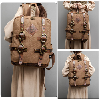 Ruksak od platna u vikingskom stilu, retro, unisex, za prijenosno računalo, s kožnom kopčom, književna estetika