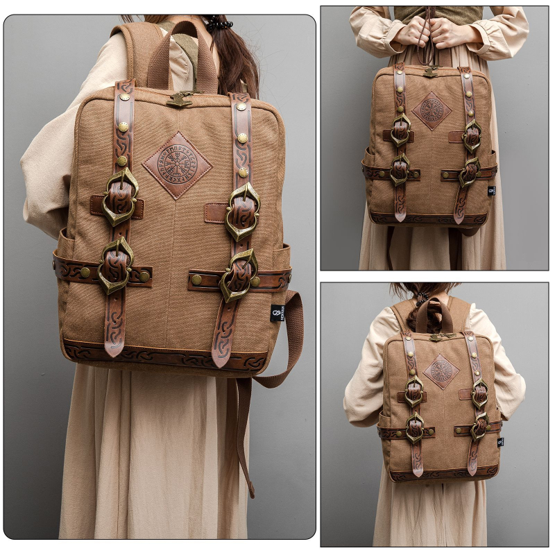 Ruksak od platna u vikingskom stilu, retro, unisex, za prijenosno računalo, s kožnom kopčom, književna estetika