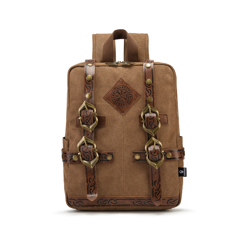 Ruksak od platna u vikingskom stilu, retro, unisex, za prijenosno računalo, s kožnom kopčom, književna estetika