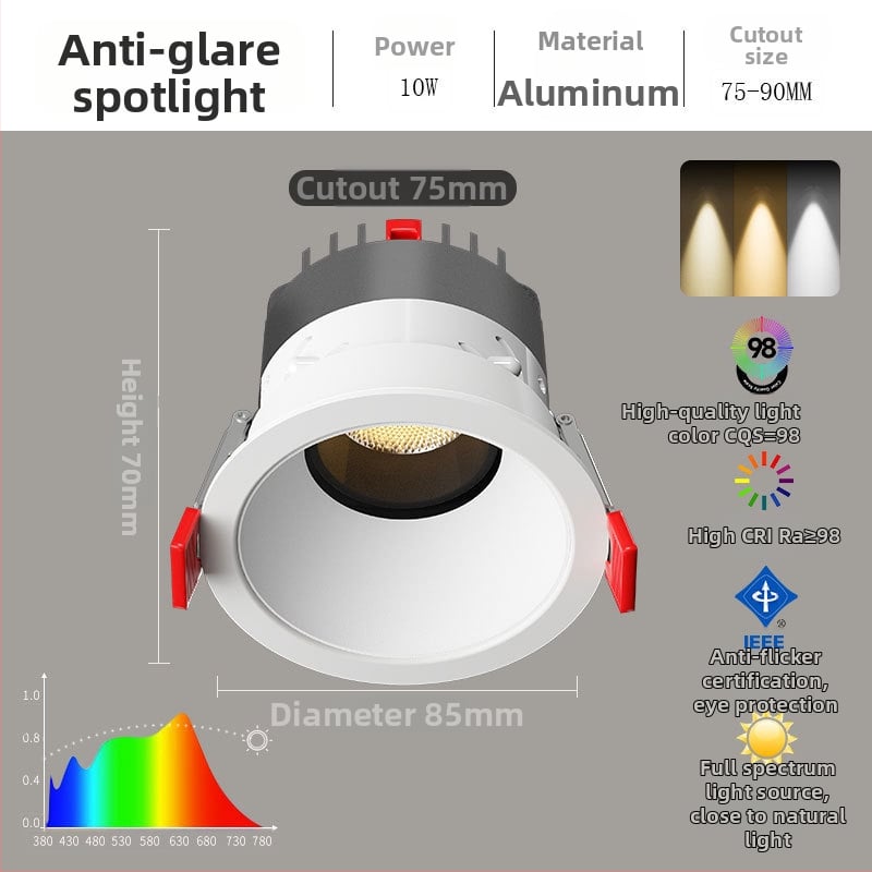 Ugradna LED spot svjetiljka, anti-odražavanje, bez glavne lampe, stropno svjetlo za dnevni boravak, kompaktan dizajn s brdovitim elementom, otvor 75 mm, puni spektar