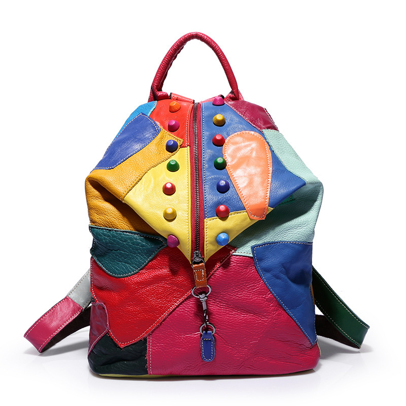 Modni ženski ranac od prave kože s patchwork detaljima, moderan kožni ranac velike kapacitete za outdoor putovanja – H810