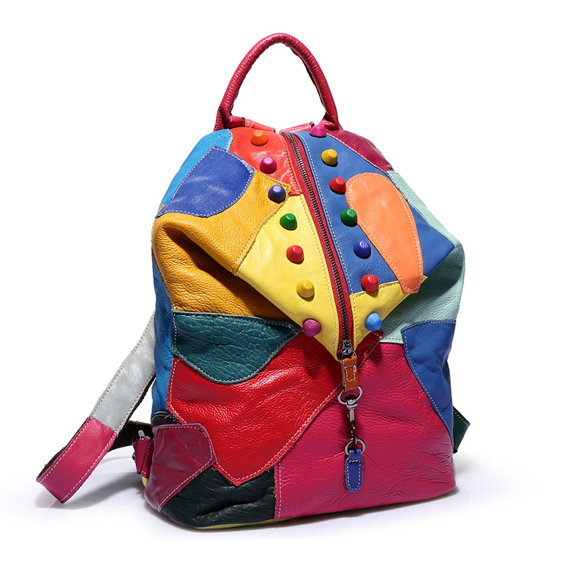 Modni ženski ranac od prave kože s patchwork detaljima, moderan kožni ranac velike kapacitete za outdoor putovanja – H810