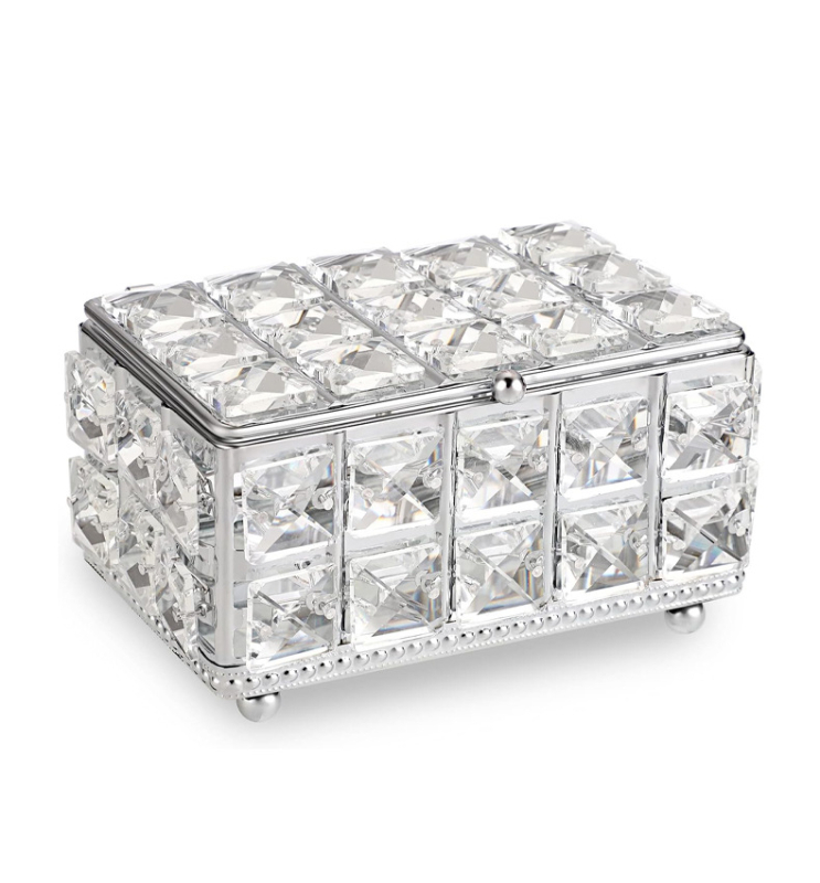 Kristalna i metalna kutija za nakit s poklopcem, karirani uzorak, lagana luksuzna kutija za pohranu, kapacitet 1 L, dimenzije 15 × 9,8 × 7,8 cm, model SSH