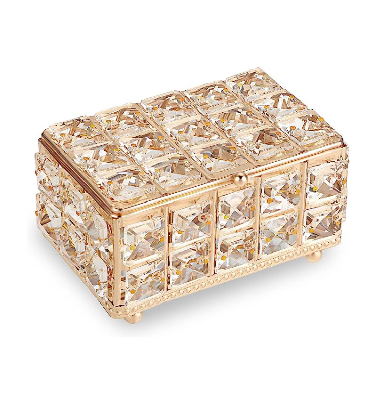 Kristalna i metalna kutija za nakit s poklopcem, karirani uzorak, lagana luksuzna kutija za pohranu, kapacitet 1 L, dimenzije 15 × 9,8 × 7,8 cm, model SSH