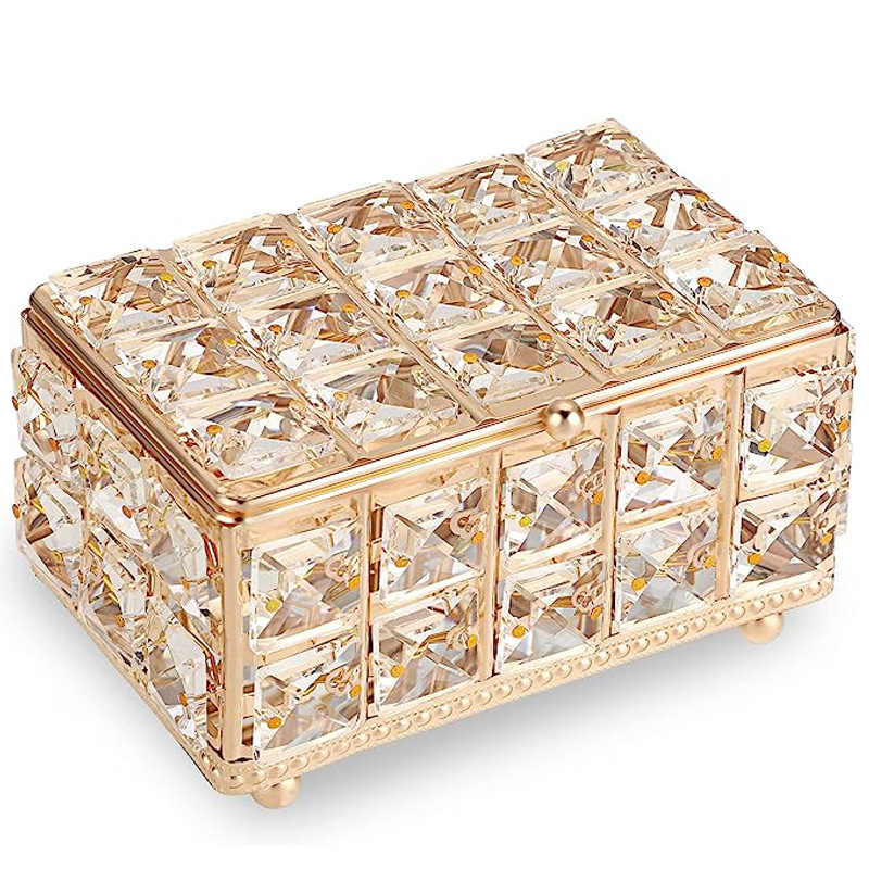 Kristalna i metalna kutija za nakit s poklopcem, karirani uzorak, lagana luksuzna kutija za pohranu, kapacitet 1 L, dimenzije 15 × 9,8 × 7,8 cm, model SSH