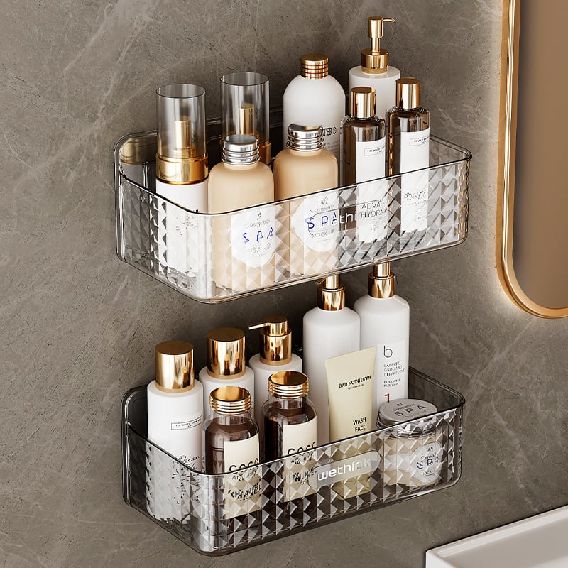 Raft de perete fără găuri pentru baie și bucătărie; cutie de depozitare cosmetice PET 2L, multifuncțional