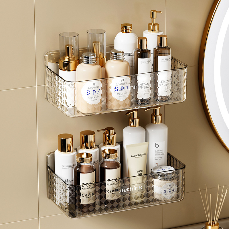 Raft de perete fără găuri pentru baie și bucătărie; cutie de depozitare cosmetice PET 2L, multifuncțional