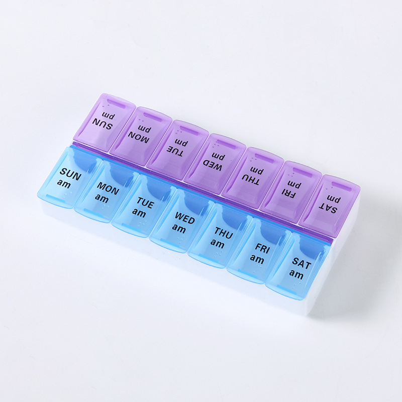 Cutie pentru medicamente cu 14 compartimente, capac individual, două rânduri, organizator de călătorie cu Braille, cutie de medicamente portabilă săptămânală