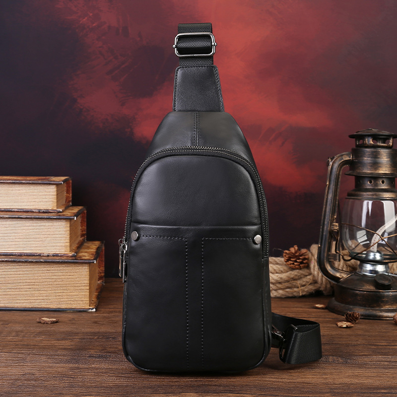 Muška torbica za prsa od prve sloje teleće kože, jednostavna jednobojna crossbody torba, casual stil, pogodna za 9-inčni uređaj