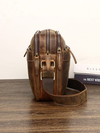 Muška crossbody torbica Crazy Horse kože, prava koža, retro stil, koža prvog sloja, s više pretinaca i zatvaračem, casual modni trend