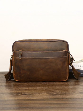 Muška crossbody torbica Crazy Horse kože, prava koža, retro stil, koža prvog sloja, s više pretinaca i zatvaračem, casual modni trend
