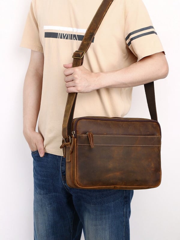 Muška crossbody torbica Crazy Horse kože, prava koža, retro stil, koža prvog sloja, s više pretinaca i zatvaračem, casual modni trend