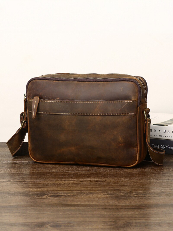 Muška crossbody torbica Crazy Horse kože, prava koža, retro stil, koža prvog sloja, s više pretinaca i zatvaračem, casual modni trend