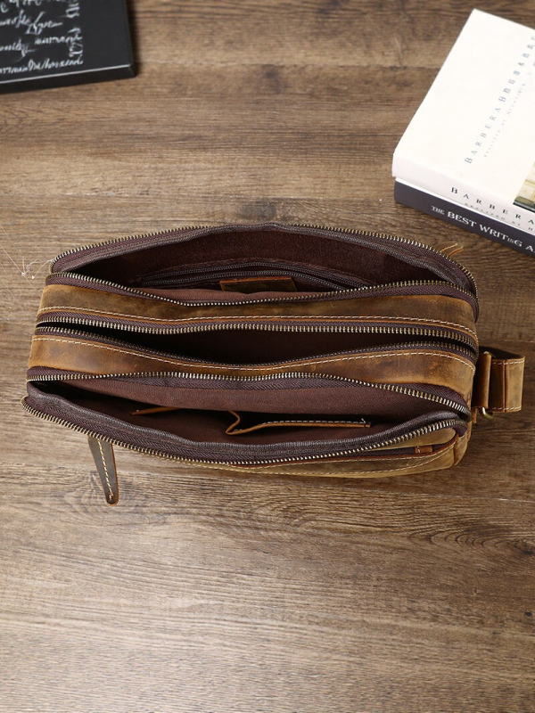 Muška crossbody torbica Crazy Horse kože, prava koža, retro stil, koža prvog sloja, s više pretinaca i zatvaračem, casual modni trend