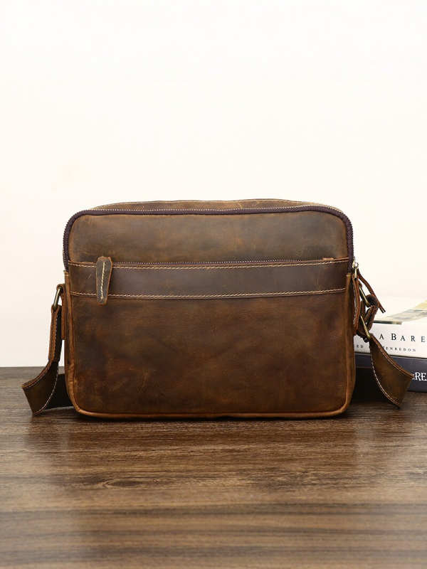Muška crossbody torbica Crazy Horse kože, prava koža, retro stil, koža prvog sloja, s više pretinaca i zatvaračem, casual modni trend